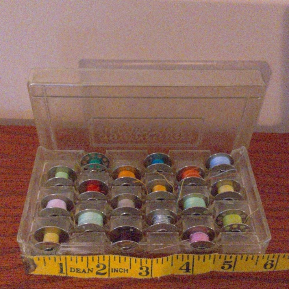 Bobbin Box Full with 18 Bobbins Lot Vintage